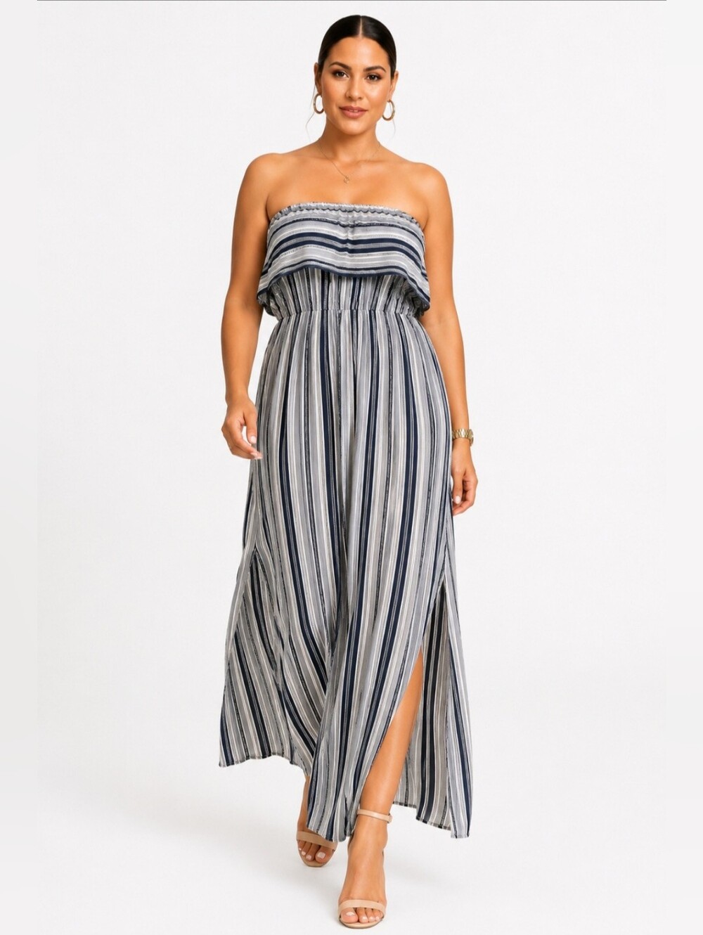 Ethereal Women's Strapless Striped Maxi Dress with Side Slit. Size M.